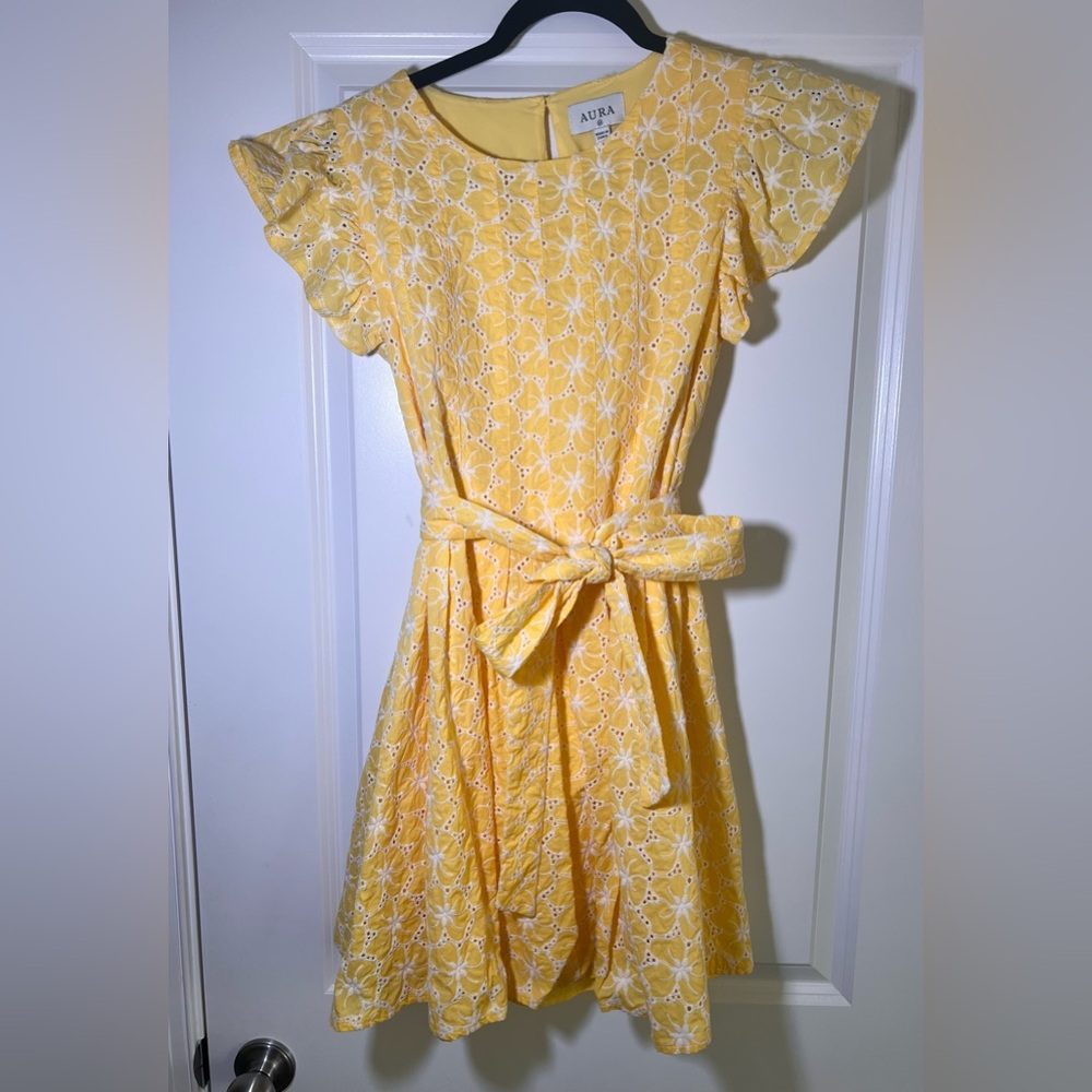 Aura Yellow and White Eyelet Mini Dress